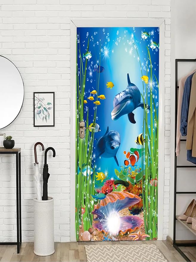 artfanke 3D Peel and Stick Door Sticker 30.3"x78.7"- Self-Adhesive Door Wallpaper Murals Decal-Dolphin Shell Undersea World Wall Poster for Home Decor (2 Sheets/Set) - Image 2