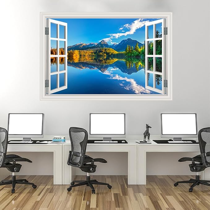 Fake Window Wall Decal- Summer Mountains Lake Forest Open Art Sticker | Faux Window Natural Scenery Landscape Mural ｜ Stick and Peel Wall Decals｜for Room Bedroom Office Scene Picture Decor｜24"x1 - Image 6
