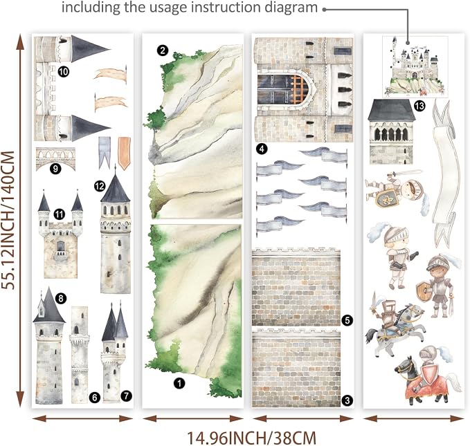 Large Knight Assembled Castle Wall Mural for Bedroom and Playroom | 64.96" x 57.09" Watercolor Castle Wall Murals, Peel and Stick Knight Wall Decals for Kids Room and Nursery - Image 2