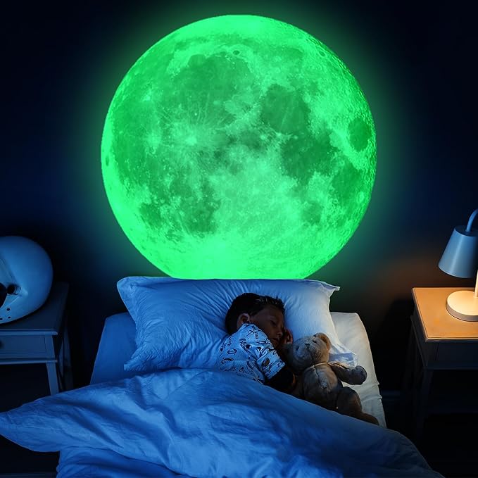 Vancoup 6 Sheets Huge Glow in The Dark Green Moon Wall Stickers Home Decor | Luminous Full Moon Decals Peel & Stick Wall Decor for Kids Room Bedroom Living Room(51.18 inches × 50.39 inches) - Image 2