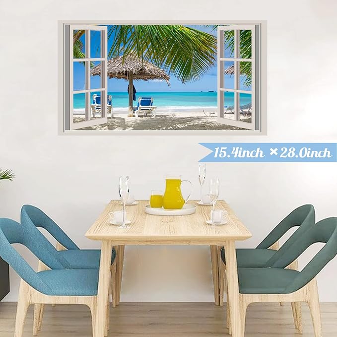 Beach Wall Sticker 3D Fake Windows Wall Stickers Beach Seascape Walls Decals Removable 3D Ocean Walls Decal Blue Sea Landscape Palm Tree Art Mural Vinyl Stickers for Bedroom Living Room Decoration - Image 5