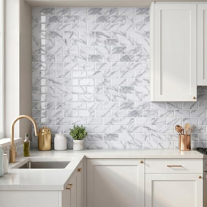 Arttown Peel and Stick 3D Wall Backsplash 10-Sheet, 12" × 12" Marble White | Subway Tile Self Adhesive Thicker Design Wall Tiles Panel Wallpaper for Kitchen Balcony Bathroom Rental Housing - Image 2