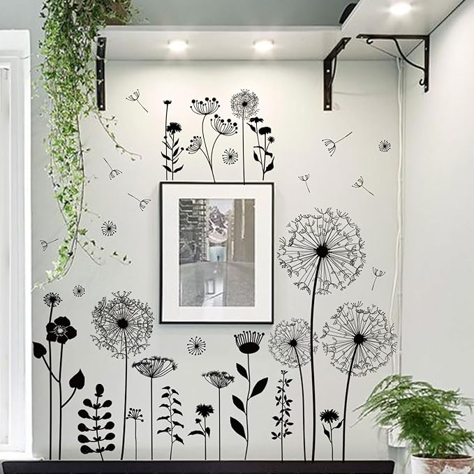 Black Dandelion Wall Decals Peel and Stick - Large Floral Wall Art Stickers with Flying Flowers, Boho Vintage Removable Vinyl Decor for Bedroom Living Room Nursery Bathroom - Image 4