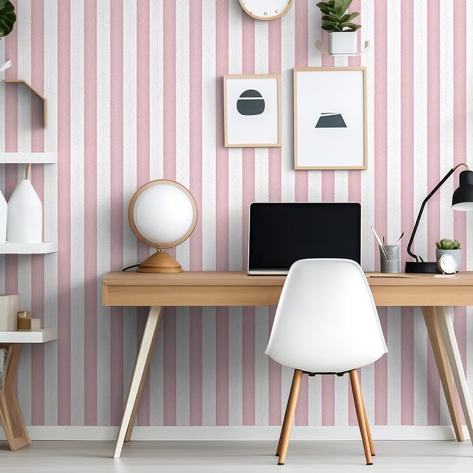Striped Pink and White Wallpaper Peel and Stick Boho Silver Stripe Textured Contact Paper 15.7"x118" Self Adhesive Removable Waterproof Wallpaper for Bedroom,Cabinets,Drawer Liners - Image 5