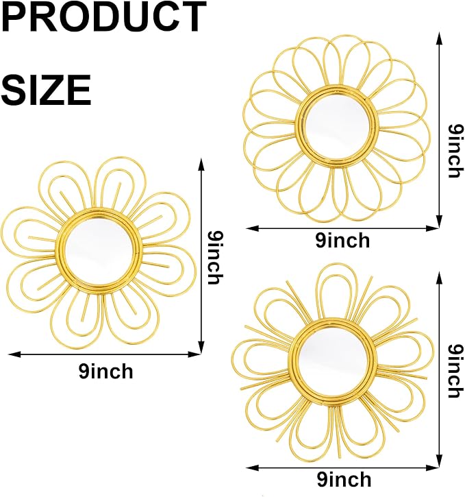 Gold Mirrors 3 Piece, 9 inch Flower-Indoor Shaped Mirror Hanging Wall Decor - Image 6