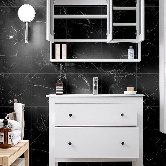 Chejiaye Shower Wall Panels Peel and Stick,Marble Wall Panels for Interior Decor,Backsplash Tile for Kitchen Showers Bathrooms Living Rooms 11.8"x11.8"in 10Pcs,Black (Not Real Tile,9.7 Sq.ft) - Image 3