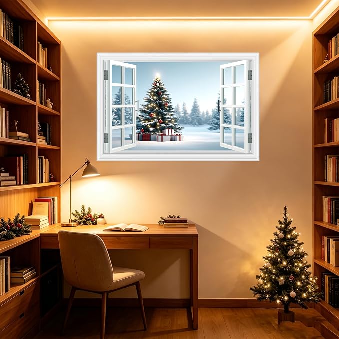 Fake Window Wall Decal - Christmas Tree Gift Winter Wall Art Poster Mural | ｜Faux Window Snow Snowfield Landscape Mural ｜ Stick and Peel Wall Decals｜for Xmas Room Office Decor｜48"x32",Set of 2 Sheets - Image 8