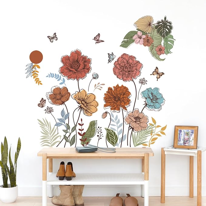 Large Boho Flower Wall Decals Floral Leaves Grass Butterfly Wall Stickers Removable Wall Art Decor for Living Room Bedroom - Image 2