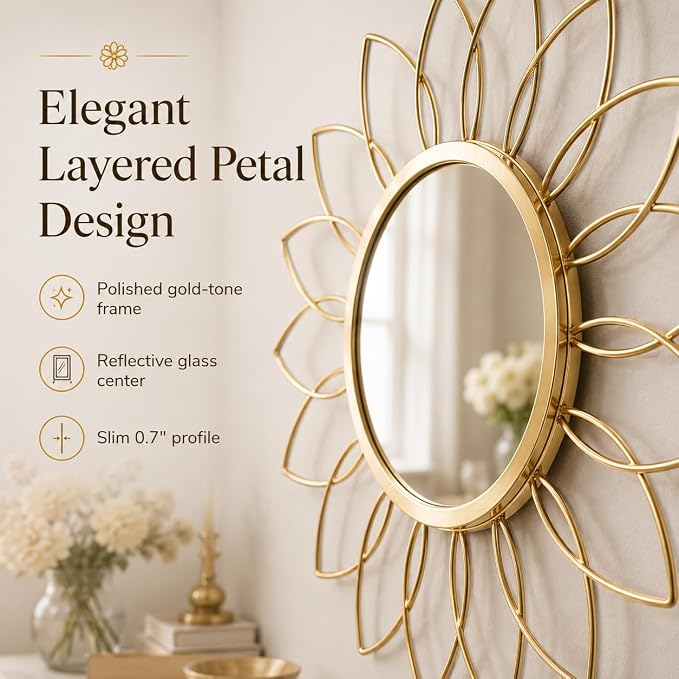 Gold Flower Mirror Set of 3, 3PCS Metal Round Decorative Wall Mirrors, Floral Petal Accent Mirror Wall Decor for Living Room, Bedroom, Entryway & Bathroom - Image 4