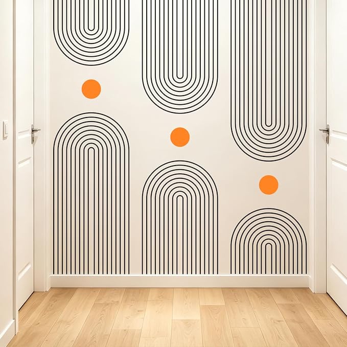 Minimalist Line Arch Orange Dot Boho Removable Wall Decals Decor Stickers | Mid-century modern black abstract geometric peel and stick removable vinyl wall murals art for bedroom living room office - Image 4