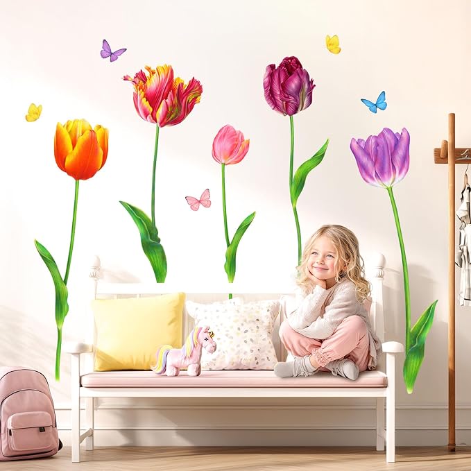 DECOWALL SG2-2116 5 Large Tulip Wall Decals Colorful Flower Butterfly Stickers for Bedroom Living Room Nursery Bathroom Home Decor Art Decoration DIY by DECOWALL