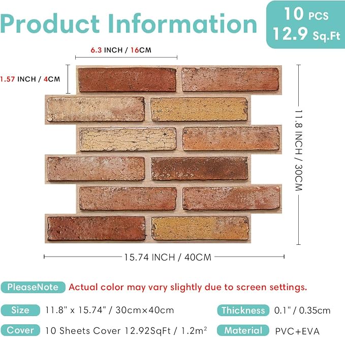 Commomy 3D Faux Brick Peel and Stick Wall Sticker - 10pcs 15.74" x 11.8" | Ultralight Thin PVC 3D Wall Panels Fake Brick Wallpaper Tiles for Home Office,Living Room Quick DIY Wall Decor(12.92 sq.ft) - Image 5