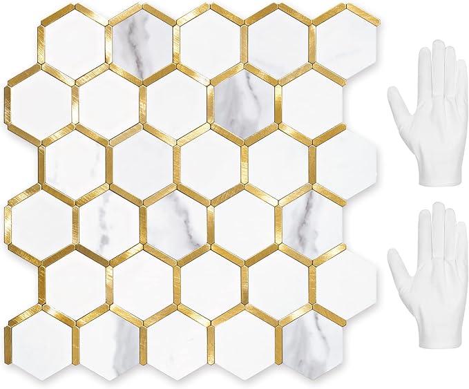 STICKGOO Hexagon Peel and Stick on Backsplash for Kitchen and Bathroom, White Marble Look PVC Mixed Metal Gold Self Adhesive Metal Mosaic Tiles(10 Sheets, Seamless) by STICKGOO