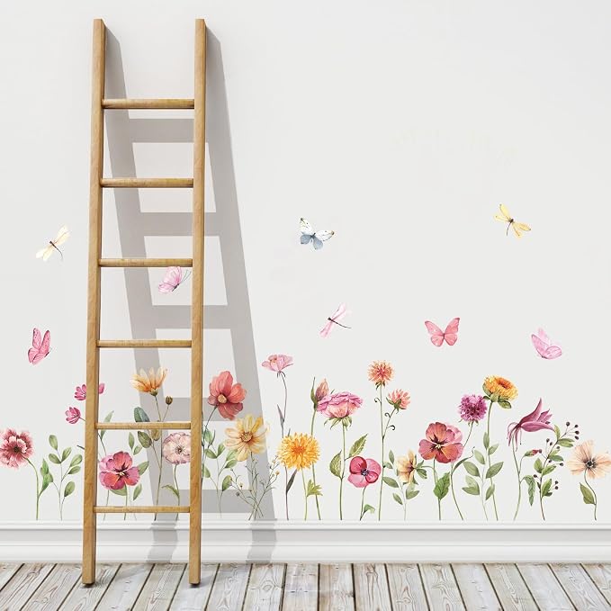 Watercolor Garden Flower Wall Decals, Peel and Stick Creative Colorful Butterfly Floral Wall Stickers, Multicolor Wildflower Wall Decor for Girls Room Nursery Bedroom Window by Kasubeso