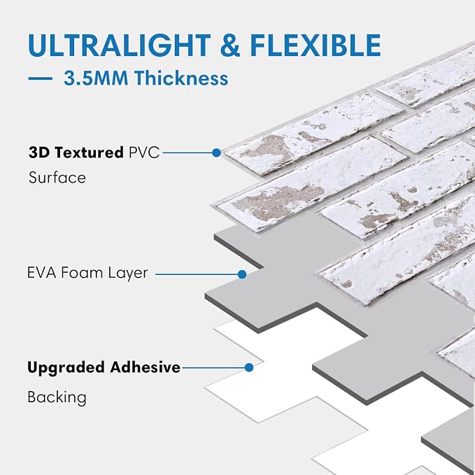COMSTICKC 3D Faux Brick Wall Panels Peel and Stick Decorative Tiles Sticker | 10 Pcs 15.7" x 11.8", Retro White, Not Real Brick, Ultra-Light Thin PVC 3D Fake Brick Decorative Wallpaper, Cover 12.9 sq ft - Image 4