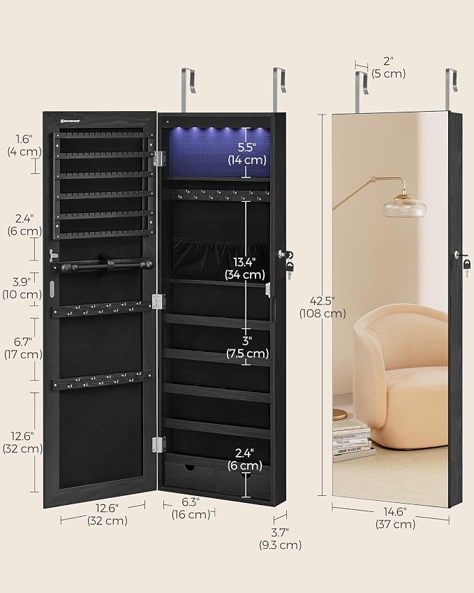 SONGMICS Mirror Jewelry Cabinet Armoire, Wall or Door Mounted, Lockable - Image 6