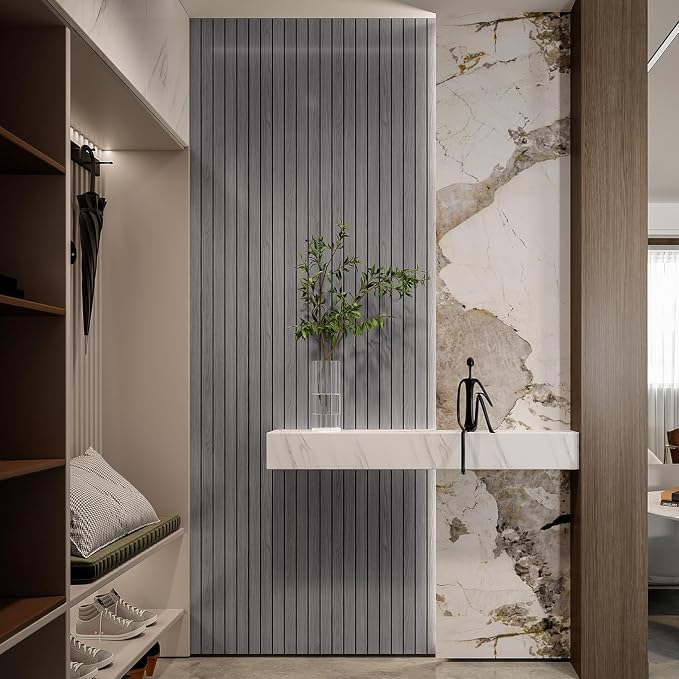 YLL YLL PVC Slat Wall Panel Peel and Stick 118"x 15.7" Faux Grey Wood Grain Slat Panel Self-Adhesive Wallpaper Soundproof 3D Wall Panels - Image 2