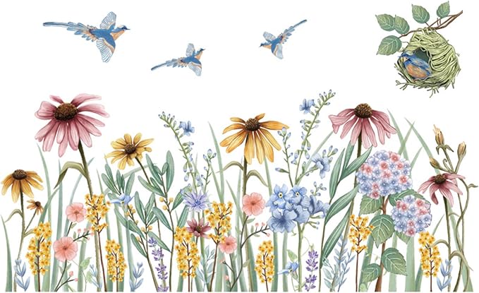 Wildflower Grass Daisy Wall Decals, Garden Floral Birds Flower Wall Stickers, Self-Adhesive Vinyl Wall Art Stickers for Girls Bedroom Living Room Nursery Decor by BWCXXZH