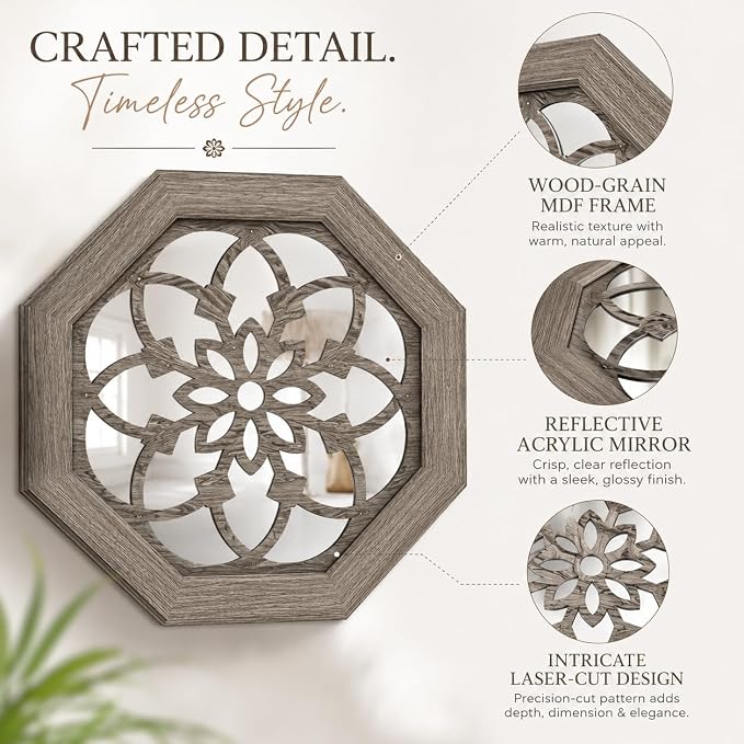 4 Pack 12 Inch Octagon Brown Rustic Wood Frame Acrylic Wall Mirrors, Farmhouse Boho Wall Art Decor for Living Room, Bedroom, Hallway, Entryway, Bathroom & Office - Image 4