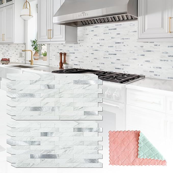 StyloVue 20 Sheets Peel and Stick Backsplash for Kitchen, White Marble with Metal Silver Look Stick on Tile Upgrade Your Kitchen Backsplash, RV, Fireplace by StyloVue