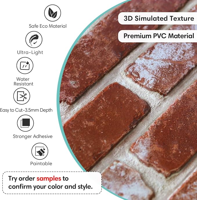 Commomy Faux Brick 3D Wall Panels - Not Real Brick 12 pcs of 22.8" x 11.8" | Thin UrltraLight PVC Wall Stickers Retro Red Brick Peel and Stick Tile for Kitchen,Bedroom, Living Room（Covers 22.48 sq.ft） - Image 3