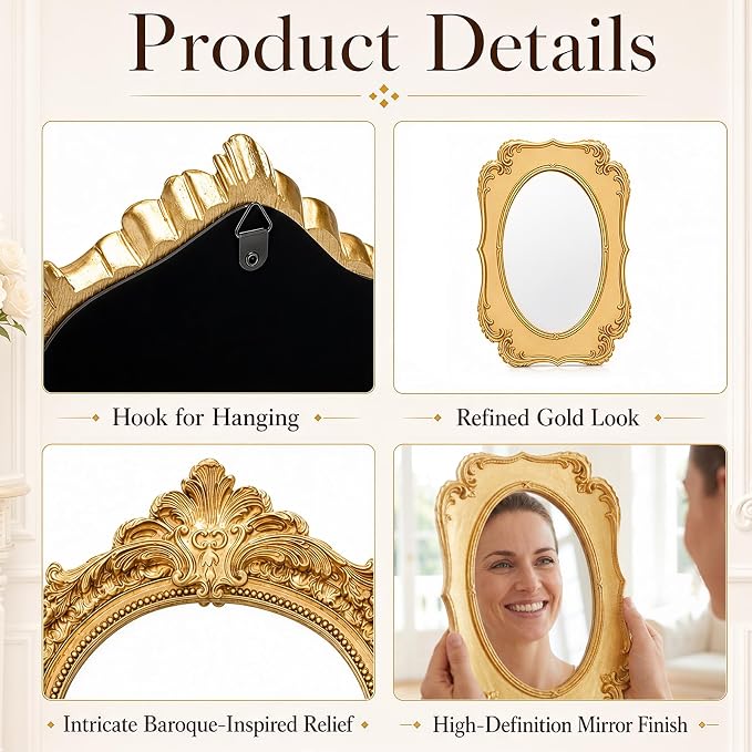 Kathfly 6 Pack Vintage Gold Mirror for Wall Gold Antique Wall Hanging Mirrors for Bedroom Decorative Resin Frame Baroque Style Assorted Sizes Tabletop Tray for Gallery Home Living Room Decor(Square) - Image 7