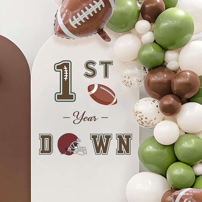 LHIUEM 1ST Year Down Birthday Decals Baby Boy One First Year Down Football Birthday Inspiration Stickers for Balloons Arch Backdrop Brown Green Football First Decal for Gift Centerpieces Baby Party - Image 5