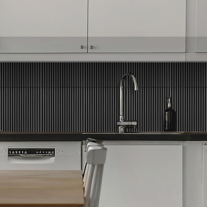 Select 5 Pack Peel and Stick Backsplash Tiles, Vinyl Self Adhesive Back | Back Splash Stick On Tiles for Kitchen & Bathroom, Linear Design 12" x 12" Wall Tiles, Black - Image 6