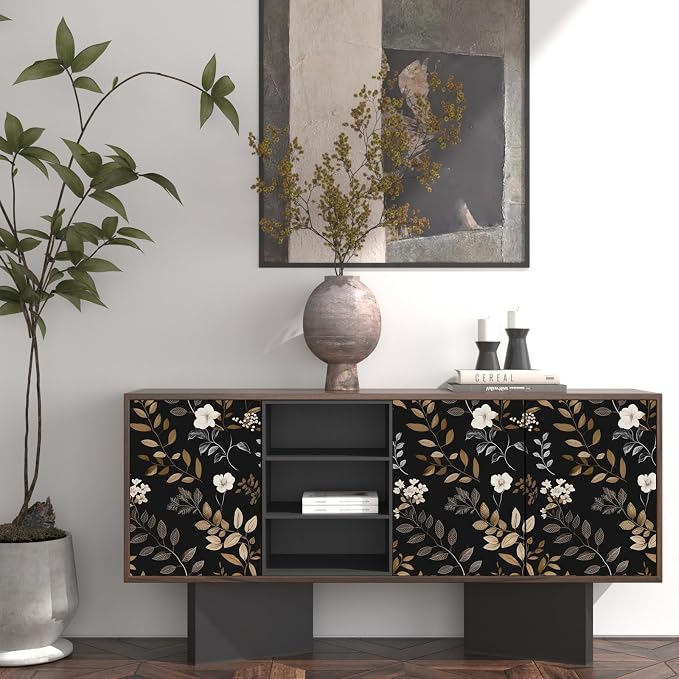 Laatse Floral Leaf Vintage Wallpaper Peel and Stick 17.5"x118", Black Gold | Self Adhesive/Removable/Waterproof/Thick Vinyl Contact Paper for Bathroom Bedroom Shelf Cabinet Drawer,Prepasted,Easy Peel - Image 6