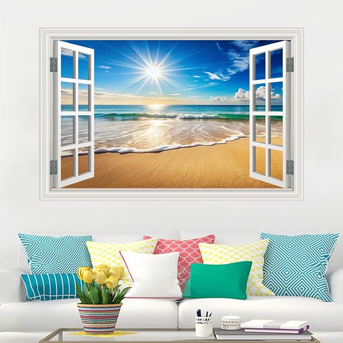 Large Murals 66"x48" Fake Window Wall Mural Sticker Beach Ocean Sea Faux Window Wall Cling Art Picture Office Poster Coastal Decals Decor, Stick and Peel Landscape Natural Scenery Scene - Image 3