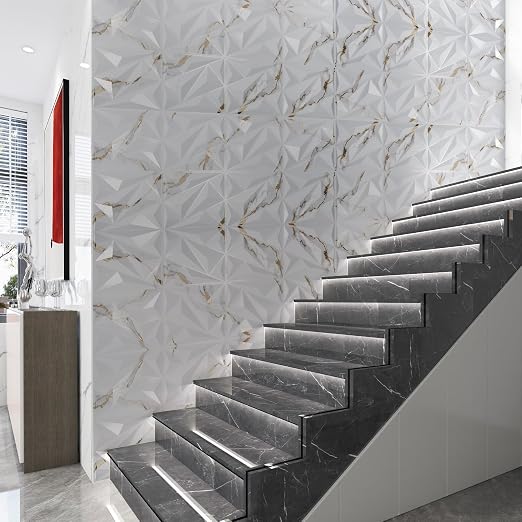 Art3dwallpanels 33 Pack 3D Wall Panel Diamond for Interior Wall Décor, PVC Textured Wall Panels, 12''x12'' Cover 32.Sq.Ft. Gold Veined White | PVC Accent Wall Panels for Interior Wall Decor, Living Room Lobby Bedroom Hotel Office - Image 8
