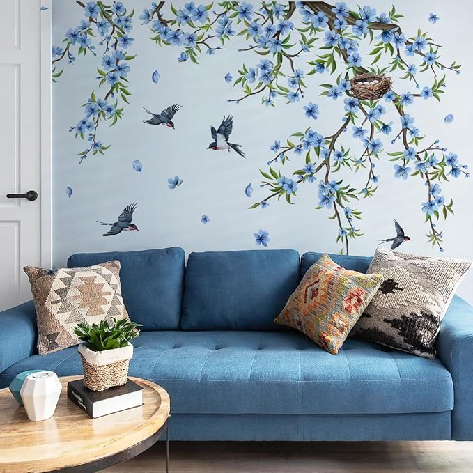 Blue Flower Wall Sticker Large Tree Branch Wall Decal Peel and Stick Floral Bird Wall Art Decor Hanging Flower Vine Wall Sticker for Living Room Bedroom by Aurbhosa