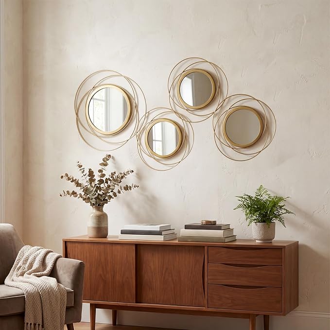 4 Piece Gold Round Wall Mirror Set Modern Metal Circles for Home Decor by sxnzequnze