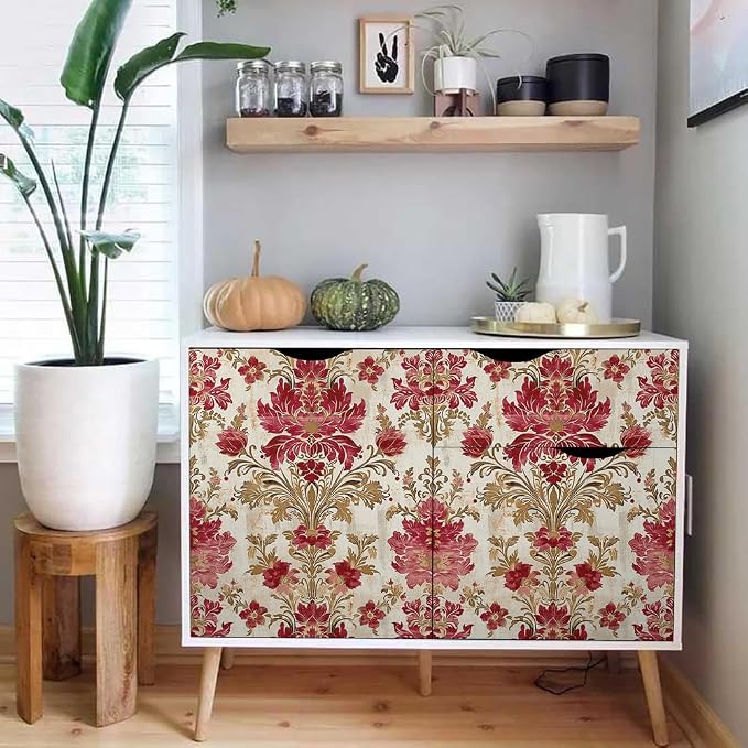 18"x236" Classical Beige Red Damask Flower Retro Peel and Stick Self Adhesive Wallpaper Removable Contact Paper Stick on Easy Peel Off Wall Paper for Kitchen Bedroom Bathroom Renter - Image 5