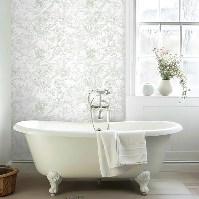 Ismoon Large Floral Peel and Stick Wallpaper Boho White and Green Contact Paper 17.3inx16.3ft Modern Wall Paper Removable Self Adhesive Vinyl Wallpaper for Bedroom Cabinet Bathroom Mural Wall Decor - Image 3