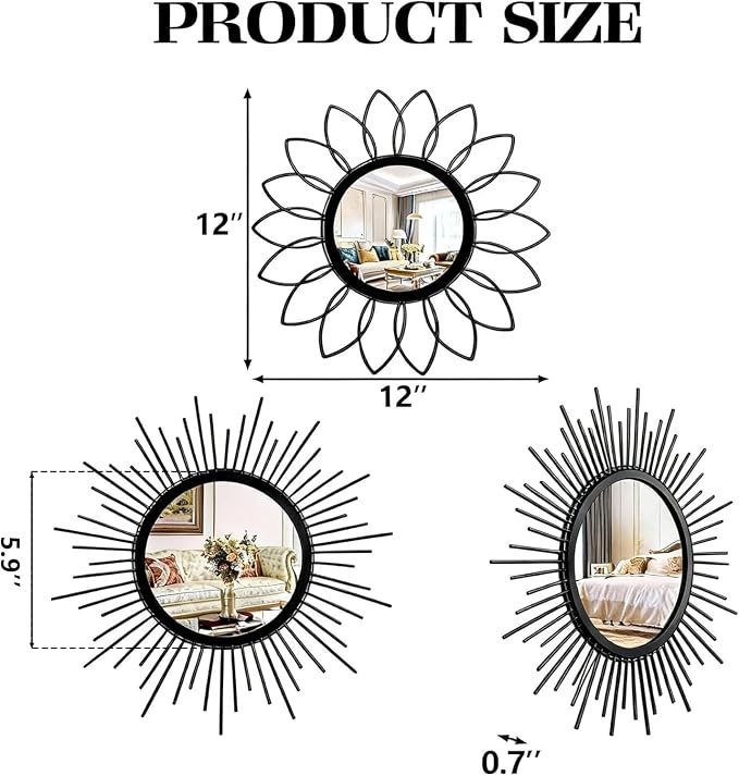 Set of 3 Black Metal Sunburst Wall Mirrors - 12" Round Decorative Art for Living Room Bedroom Bathroom Entryway, No Assembly Required, Rust Resistant Design - Image 2