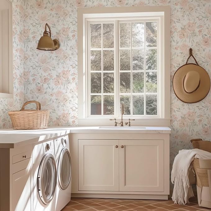 Ismoon Pink Floral Peel Stick Wallpaper Boho Watercolor Stick on Wall Paper | 17.3x393in Watercolor Contact Paper for Cabinet Removable Self Adhesive Vinyl Wallpaper for Girl Bedroom Accent Wall Decor - Image 8