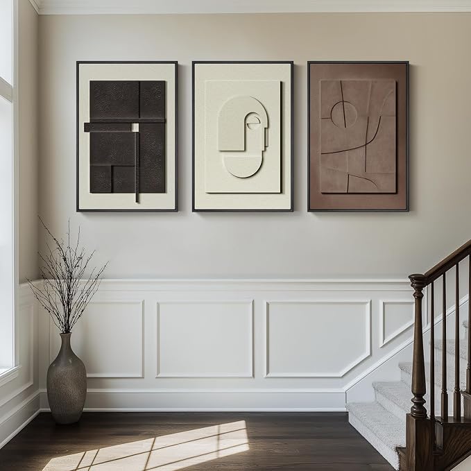 3D Textured Framed Abstract Wall Art Set, 3 Piece Modern Artwork, 16x24 In | Solid Wood Frames, Sandstone Textured Paintings, Black White Brown Sculptural Pictures Wall Decor Living Room Bedroom Office - Image 4