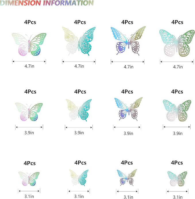 SAOROPEB 3D Butterfly Wall Decor 48 Pcs Laser Butterfly Birthday Decoration | 4 Styles 3 Sizes, Butterfly Party Decorations Cake Decorations, Removable Stickers - Image 6