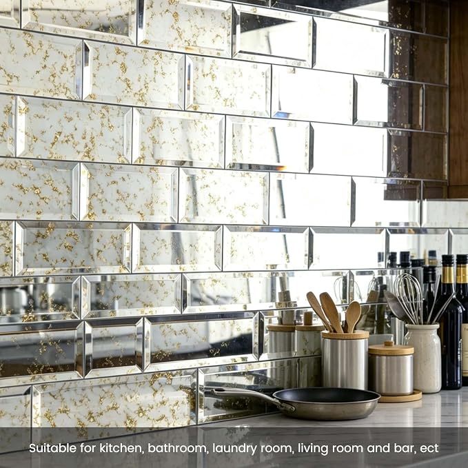 Peel and Stick Antique Mirror Glass Subway Tile 3 x 6 Inch for Copper Green Antique Mirror Tiles Kitchen Backsplash Bathroom Wall Pack of 40 Pieces - Image 6