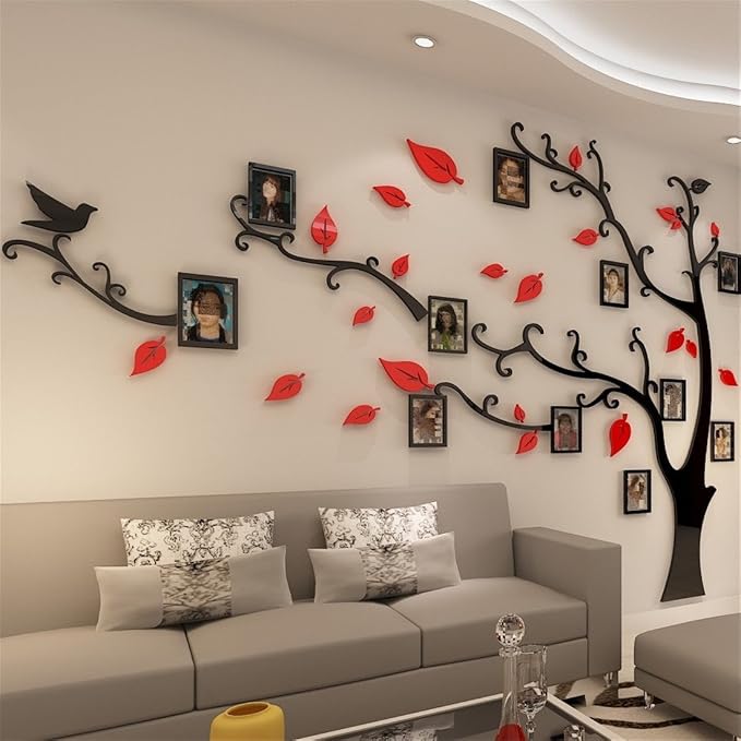3D Tree Wall Stickers - DIY Photo Frame Tree Wall Decal Family Photo Frame Sticker Murals Wall Decor Living Room Bedroom TV Background Home Decorations (XL:109 * 79in,Red Left) - Image 2