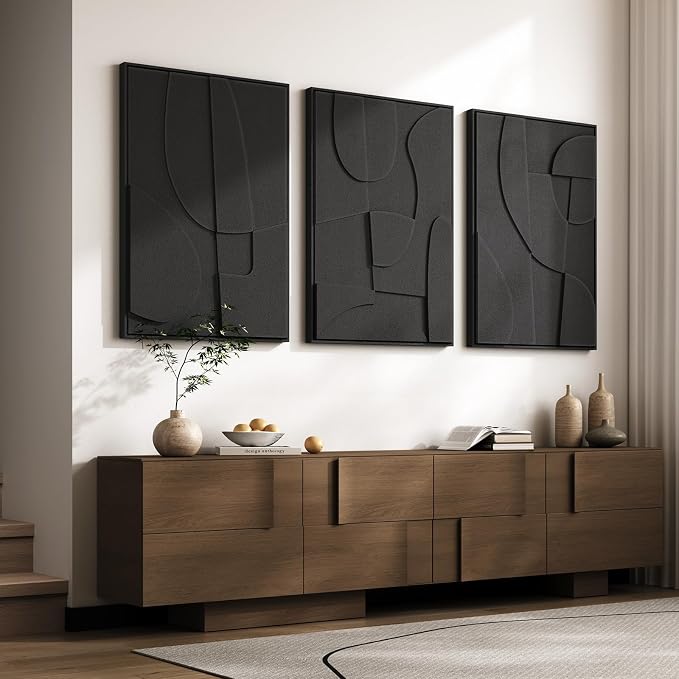 Large 3D Textured Modern Black Abstract Wall Art for Living Room, 3 Piece | Solid Wood Framed Artwork for Walls, Set of 3 All Black Texture Paintings, 24x36 In Big Pictures Wall Decor Bedroom Office - Image 2