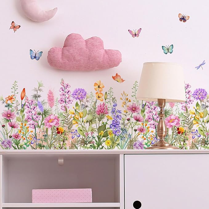Wildflower Wall Decals Peel & Stick Floral Wall Art | Removable Flower Wall Stickers, For Girls Bedroom Nursery Living Room, With Butterflies Vines Daisies, DIY Home Decor by Unknown
