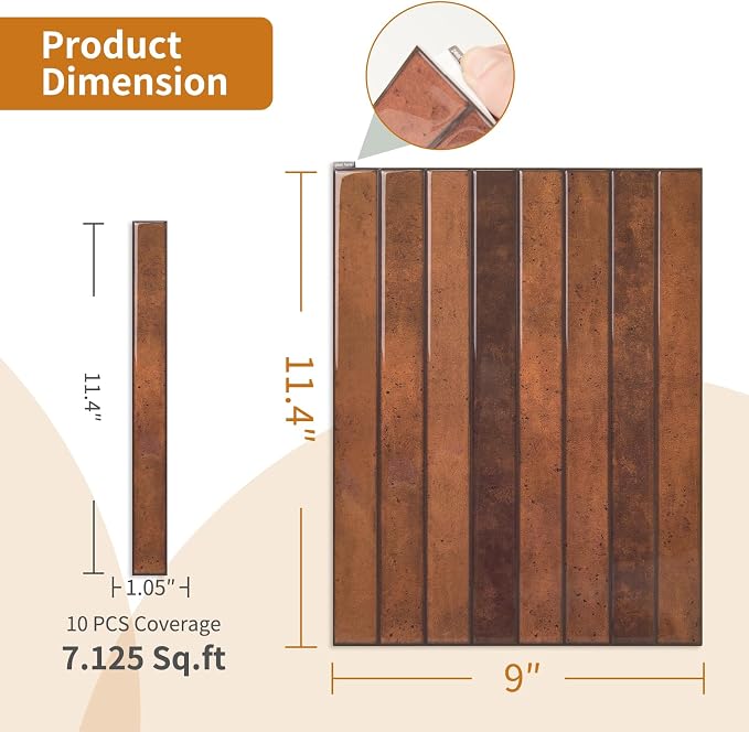 WOWSTAR 10-Sheet Thickened Peel and Stick Backsplash for Kitchen, Back Splashes Stick on Tile, Waterproof Wall Tiles, Terracotta - Image 5
