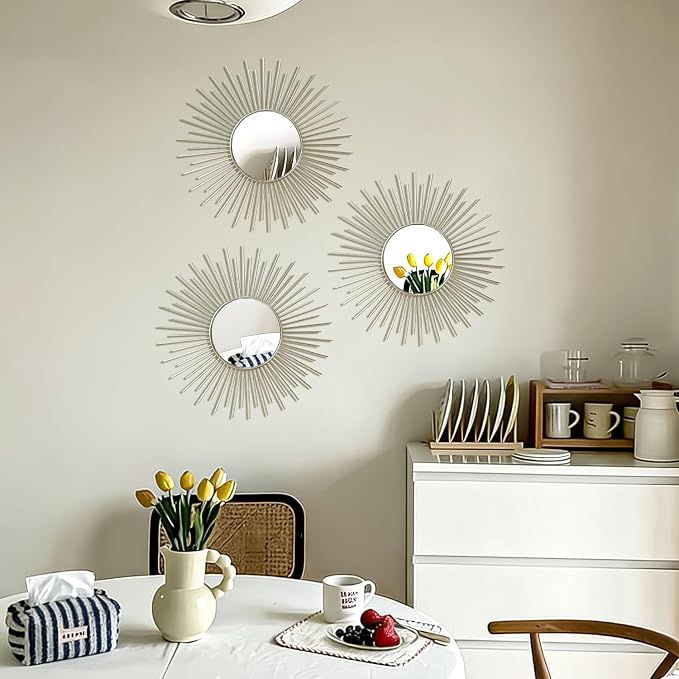 3 Pack Metal Mirrors for Wall Sunburst Wall Mirrors Home Décor Decorative Hanging Wall Art for Living Room Bedroom Entryway (Silver2, Sunburst) - Image 6