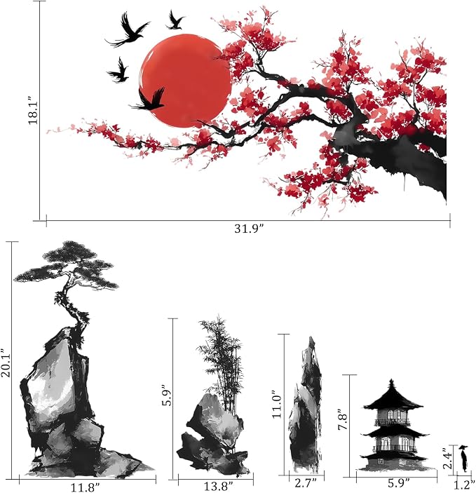 Chinese Landscape Wall Decals Peel and Stick, Large Cherry Blossom Tree Wall Stickers & Murals, Removable Home Decor Art for Bedroom Living Room Classroom Office - Image 2