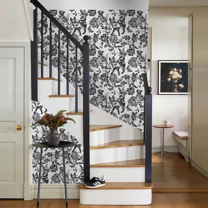 MuralPeel Black White Vintage Floral Cat Animals Butterfly Peel and Stick Wallpaper Self Adhesive Removable Easy Peel Off Contact Paper Stick on Wall Paper for Bedroom Cabinet Renter Friendly - Image 6