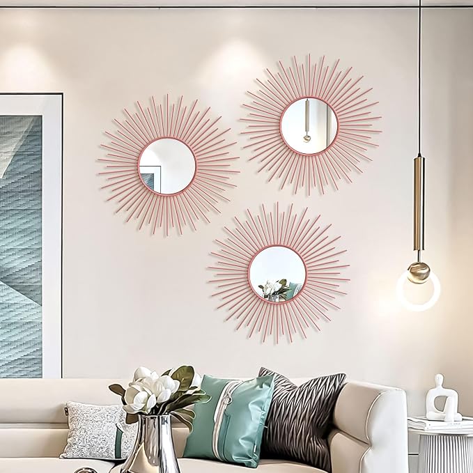 3 Pack Metal Mirrors for Wall Sunburst Wall Mirrors Home Décor Decorative Hanging Wall Art for Living Room Bedroom Entryway (Pink, Sunburst) - Image 6