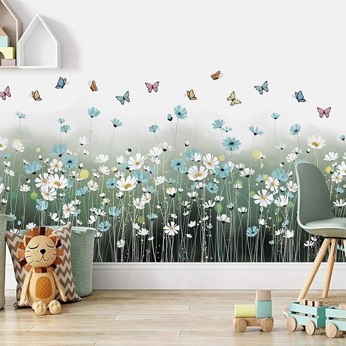 2 Sheets Blue Daisy Wall Sticker White Flowers Wall Decals DIY Peel and Stick Butterflys Firefly Wall Stickers for Kids Girls Bedroom Living Room Bathroom Nursery Window Door Office Skirting Lines - Image 6