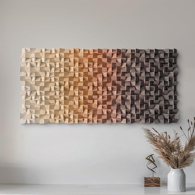 LIUZEYUE Large Textured Wood Wall Art Featuring Organic Cube Texture | textured wall art for hotel lobby; sand and dark brown, wood relief depth; hotel lobby neutral-tone backdrop; 35.4 x 70.9 in - Image 7